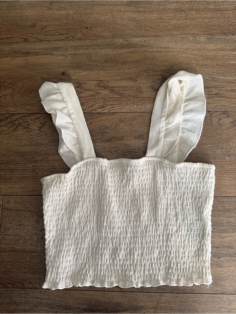 H&M Cream Smocked Ruffle-Shoulder Crop Top